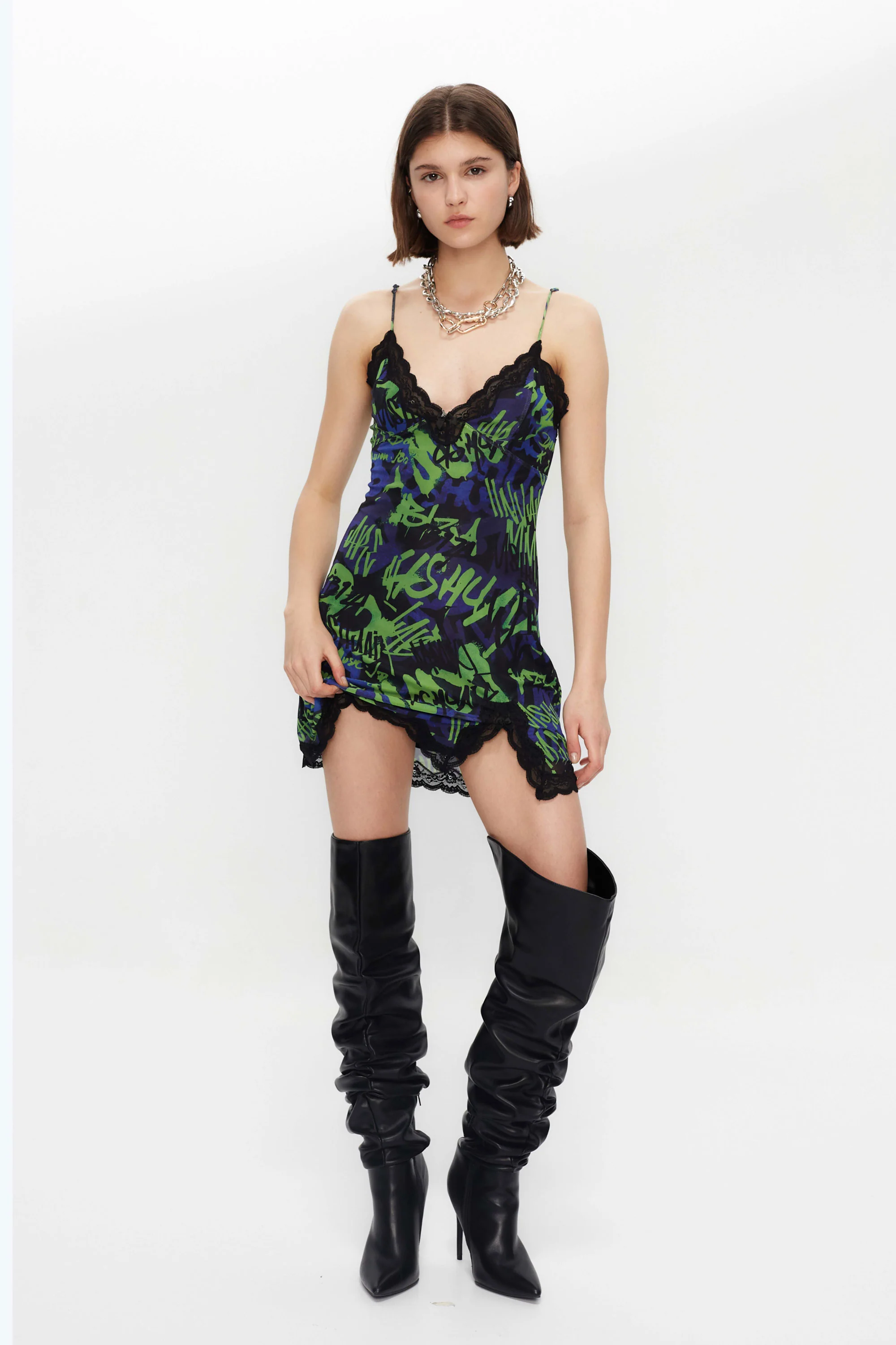 PRINT MESH LACE DRESS